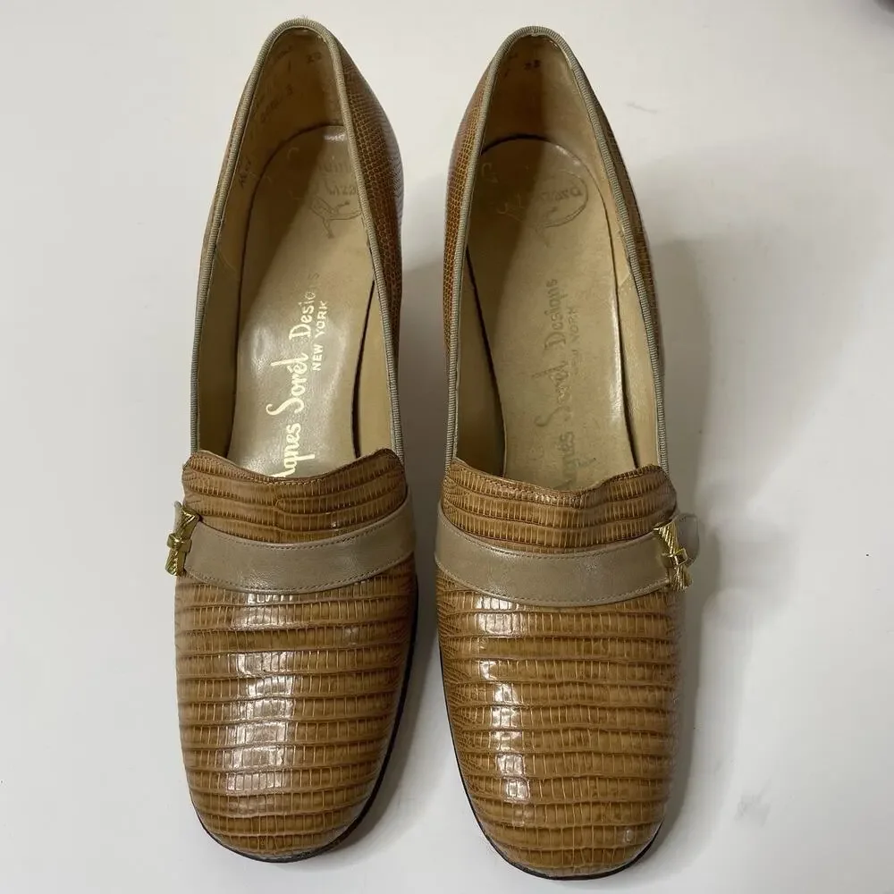 Agnes Sorel Size 6.5 Vintage Genuine Lizard High‎ Heels 90's Handmade Tan Brown